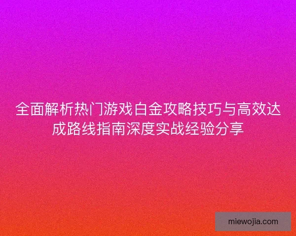 全面解析热门游戏白金攻略技巧与高效达成路线指南深度实战经验分享